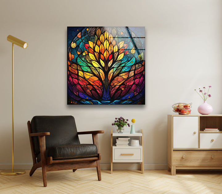 Stained Yellow Tree Glass Wall Art glass image printing, glass prints from photos