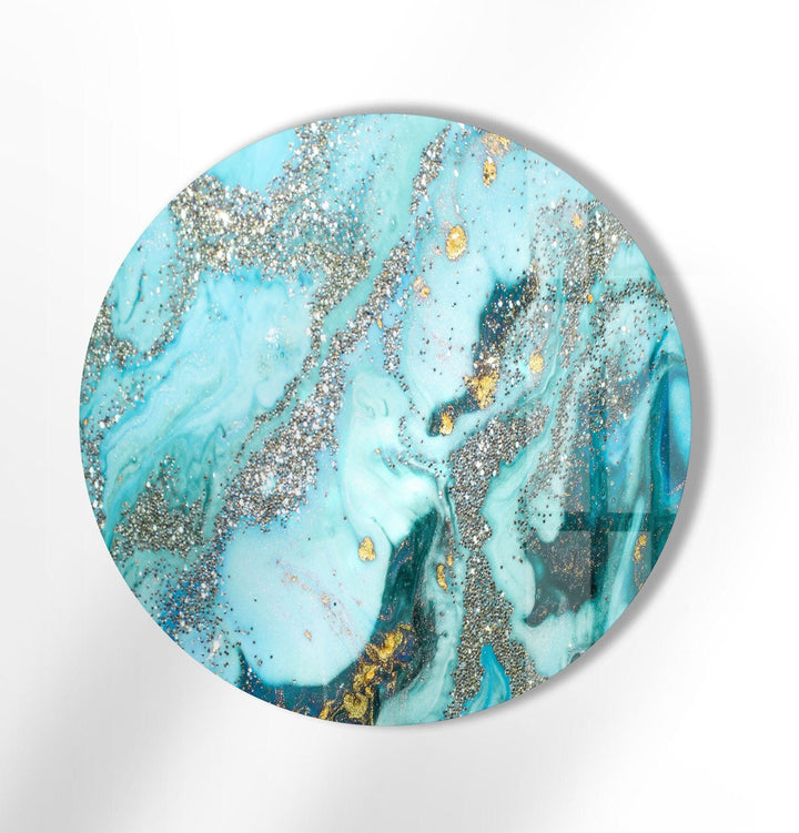 Blue Marble with Silver Details Round Glass Wall Art stained glass wall art, stained glass wall decor