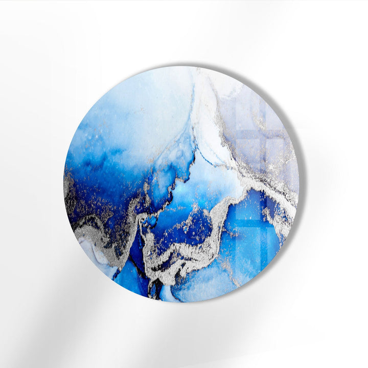 Blue Marble Round with Silver Details Glass Wall Art stained glass wall art, stained glass wall decor
