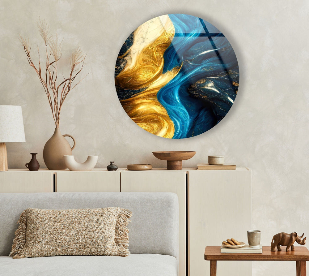 Marble Round Yellow & Blue Glass Wall Art glass wall decor, glass wall art decor
