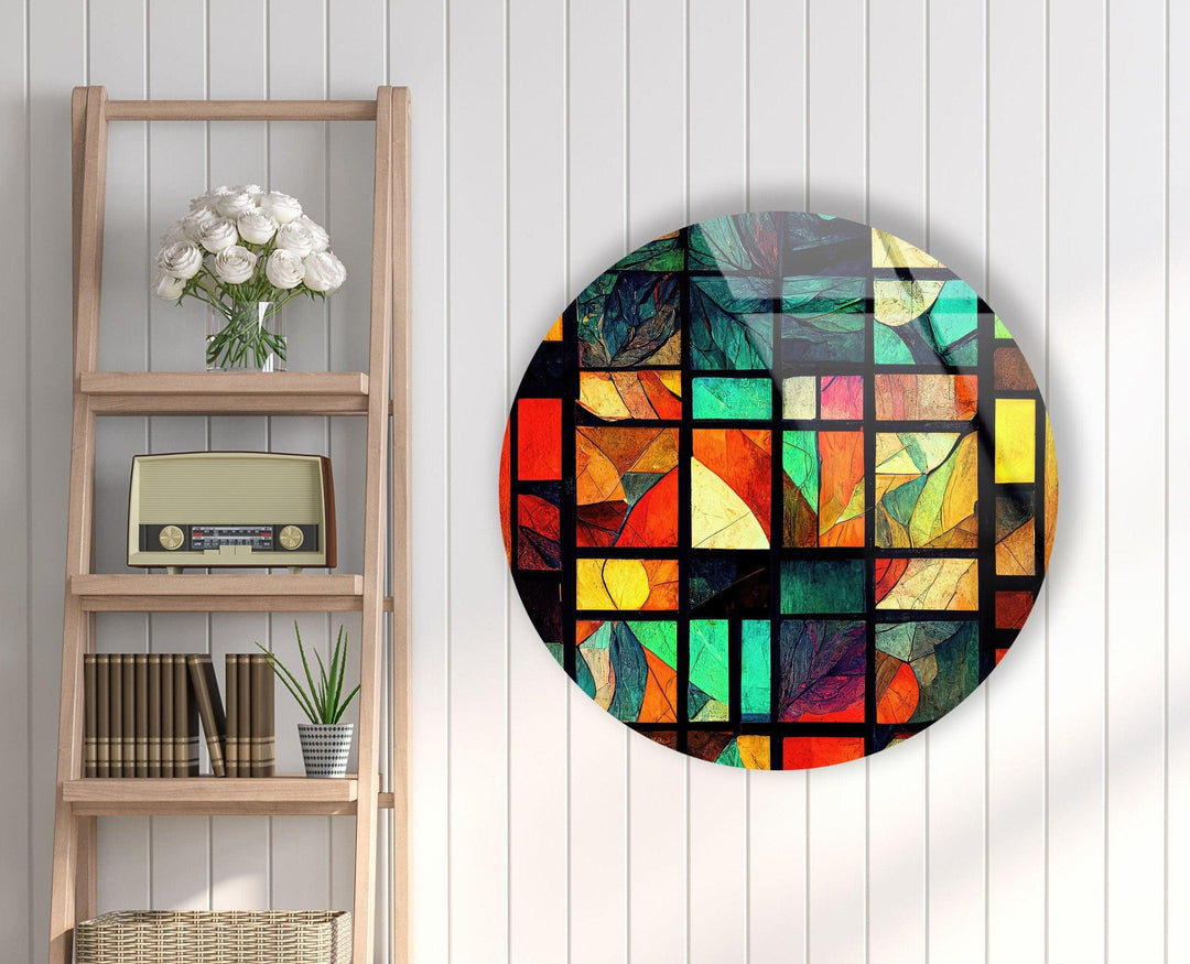 Yellow & Green Stained Round Glass Wall Art glass photo prints, glass picture prints
