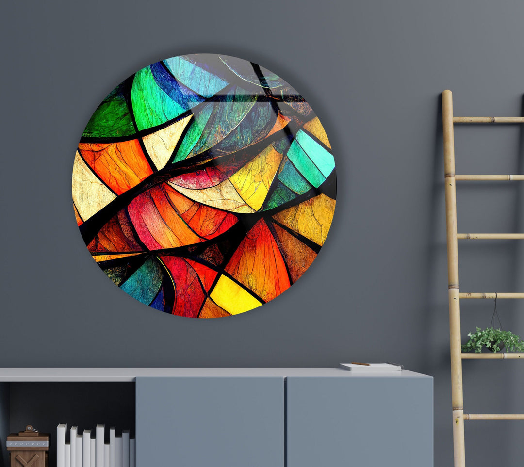 Stained Round Symmetrical Symbols Glass Wall Art print on glass, glass printed photos
