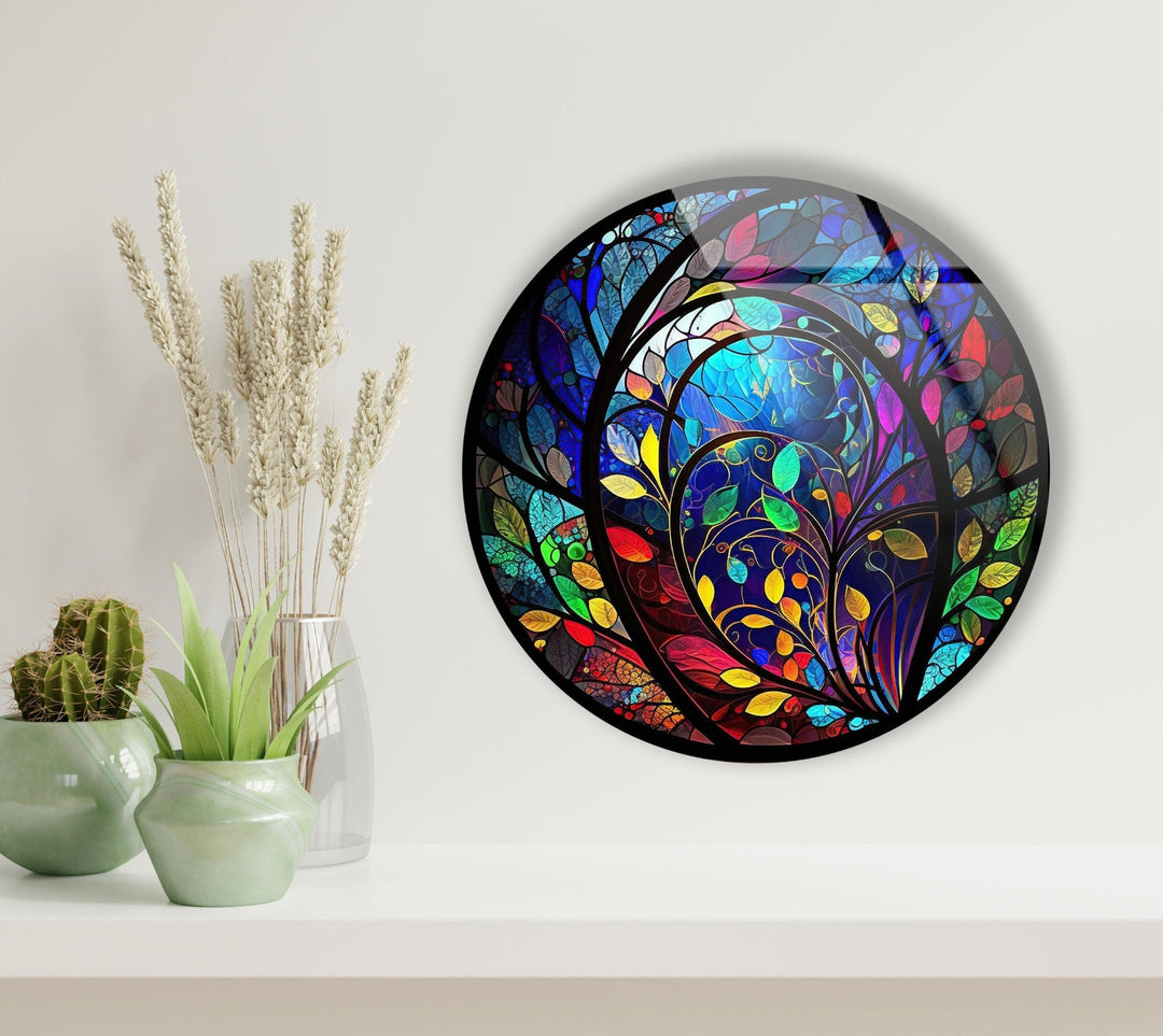 Stained Colorful Leaf Round Glass Wall Art art glass wall art, glass wall art pictures
