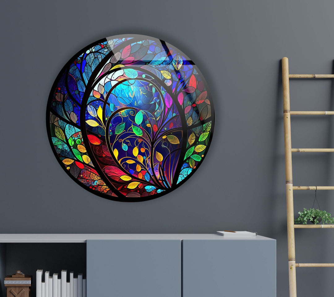 Stained Colorful Leaf Round Glass Wall Art Glass Printing Wall Art, Print photos on glass
