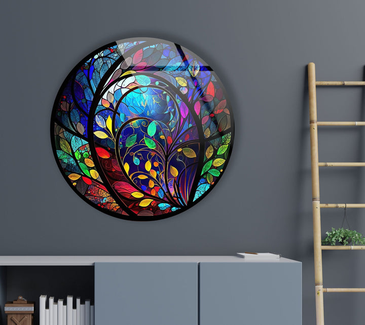 Stained Colorful Leaf Round Glass Wall Art Glass Printing Wall Art, Print photos on glass
