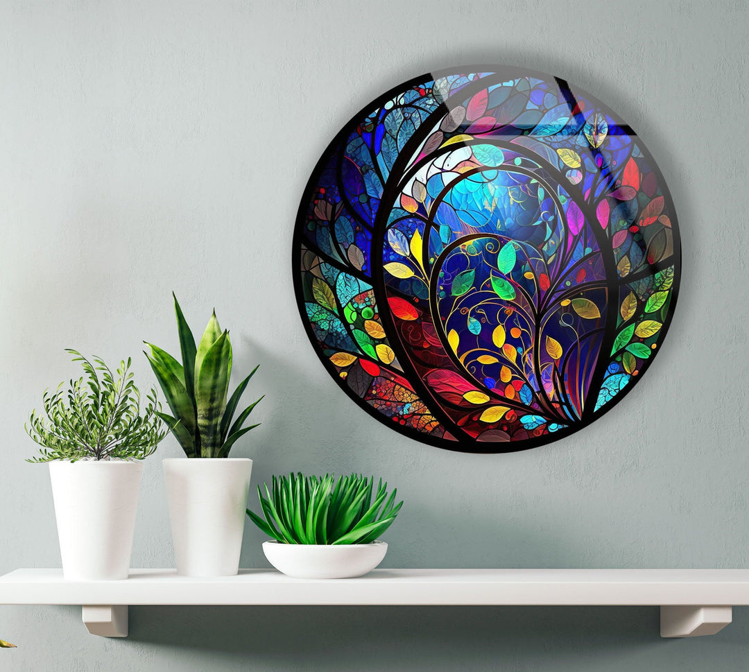 Stained Colorful Leaf Round Glass Wall Art glass pictures for Wall, glass prints wall art
