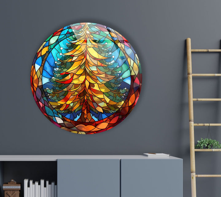 Stained Christmas Pine Tree Round Glass Wall Art Glass Printing Wall Art, Print photos on glass
