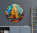 Stained Christmas Pine Tree Round Glass Wall Art Glass Printing Wall Art, Print photos on glass
