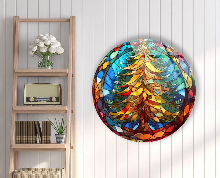 Stained Christmas Pine Tree Round Glass Wall Art photo print on glass, prints on glass wall art
