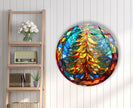 Stained Christmas Tree Round Tempered Glass Wall Art