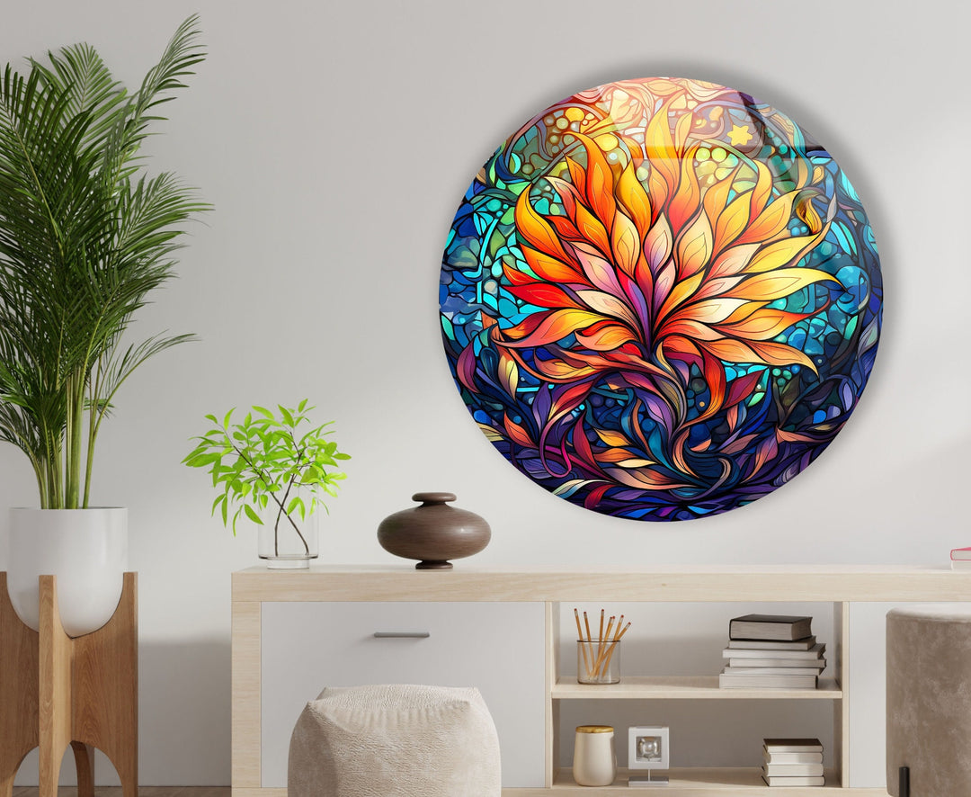 Yellow Floral Mandala Round Glass Wall Art  custom glass pictures, glass art prints