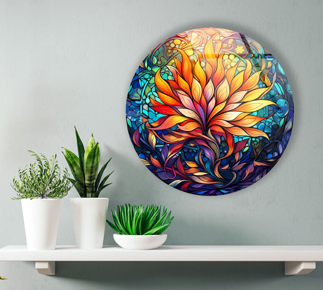 Yellow Floral Mandala Round Glass Wall Art glass pictures for Wall, glass prints wall art