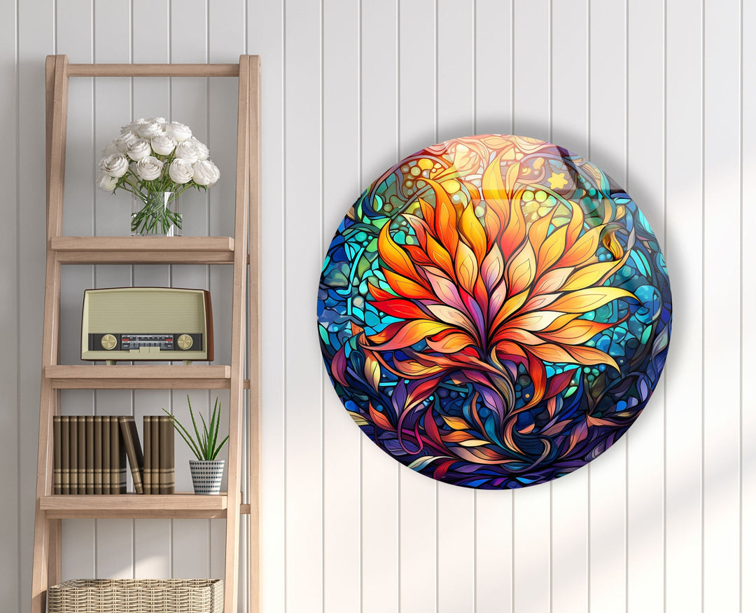 Yellow Floral Mandala Round Glass Wall Art glass image printing, glass prints from photos