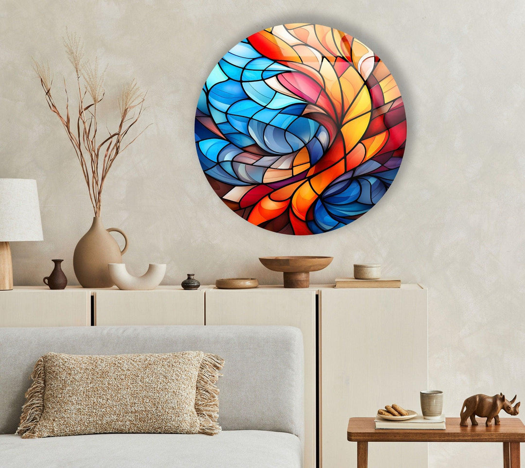 Stained Round Blue & Orange Glass Wall Art glass photo prints, glass picture prints
