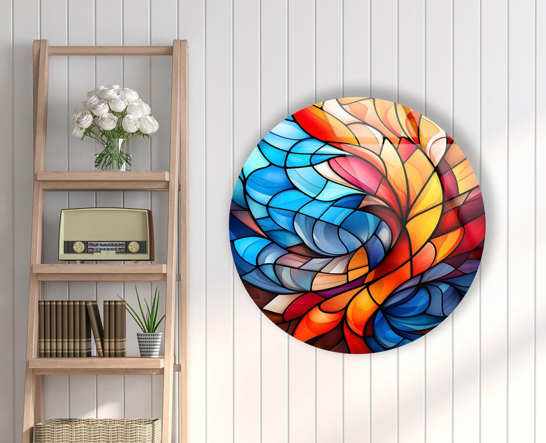 Stained Round Blue & Orange Glass Wall Art glass pictures for Wall, glass prints wall art
