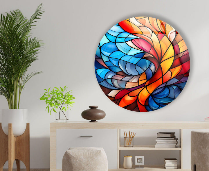 Stained Round Blue & Orange Glass Wall Art photo print on glass, prints on glass wall art
