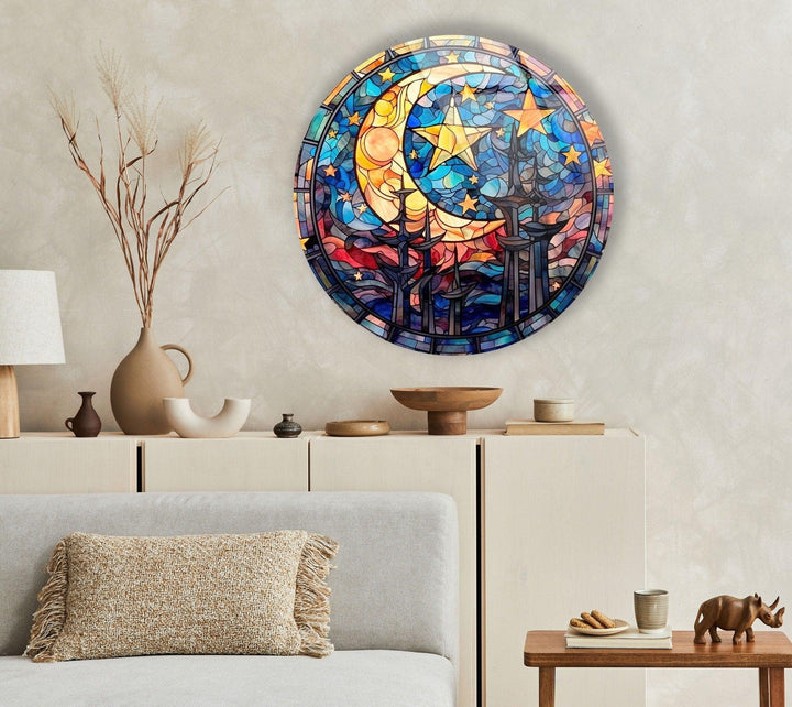 Stained Moon Stars Round Glass Wall Art glass image printing, glass prints from photos
