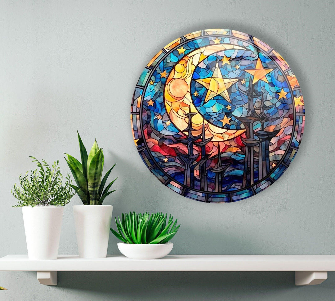 Stained Moon Stars Round Glass Wall Art glass pictures for Wall, glass prints wall art
