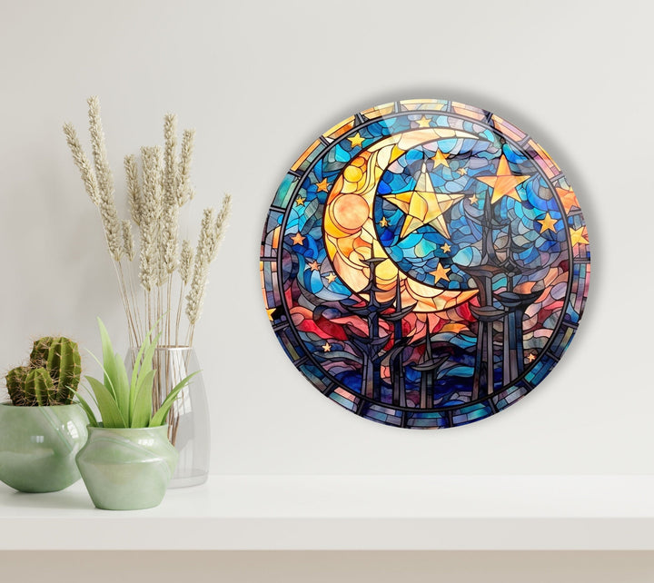 Stained Moon Stars Round Glass Wall Art large glass photo prints, glass wall photos
