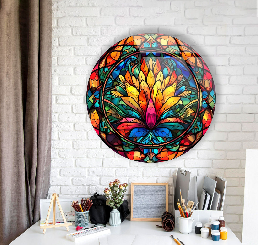 Yellow Flower Stained Round Glass Wall Art custom glass photo prints, large glass prints
