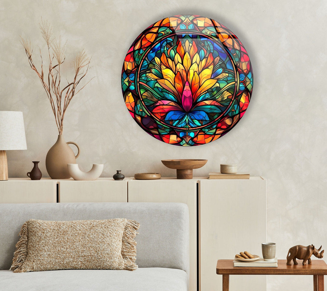 Yellow Flower Stained Round Glass Wall Art picture on glass wall art, photos printed on glass
