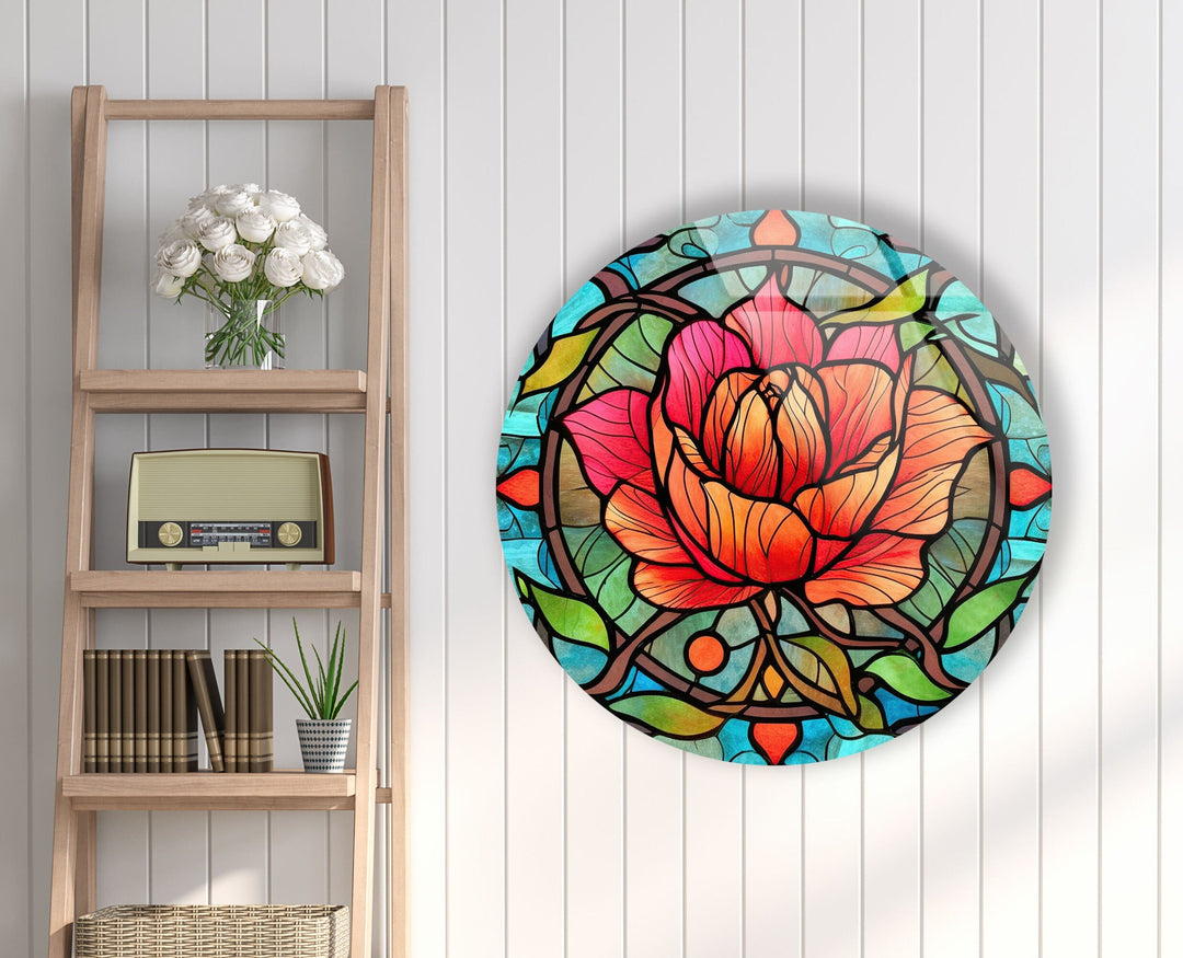 Stained Round Red Rose Glass Wall Art Glass Printing Wall Art, Print photos on glass
