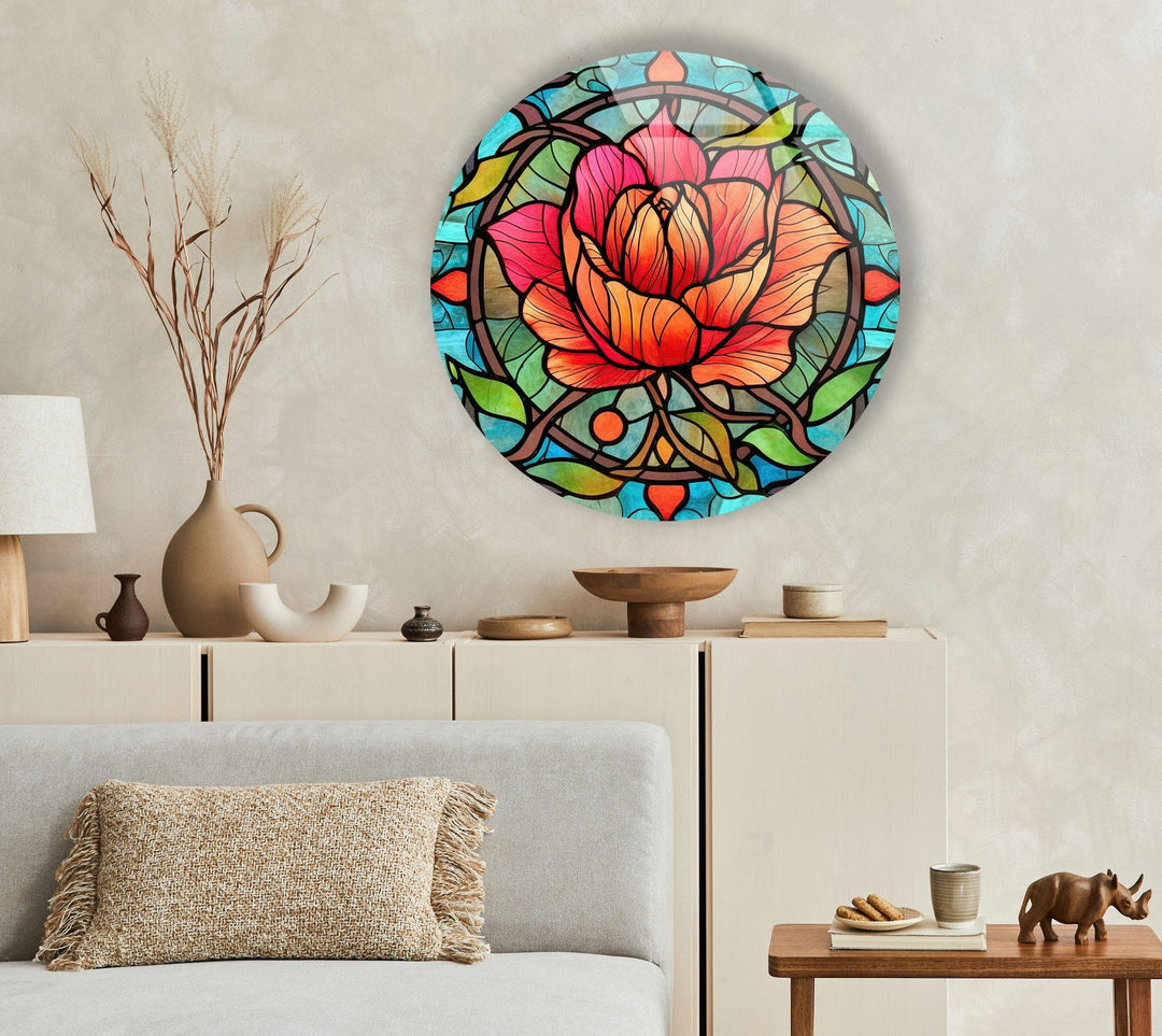 Stained Round Red Rose Glass Wall Art glass image printing, glass prints from photos
