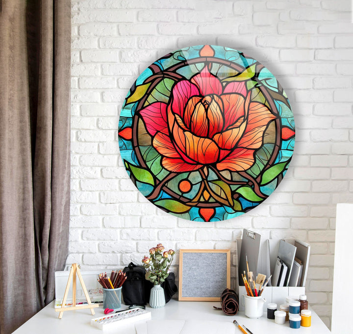 Stained Round Red Rose Glass Wall Art custom glass pictures, glass art prints
