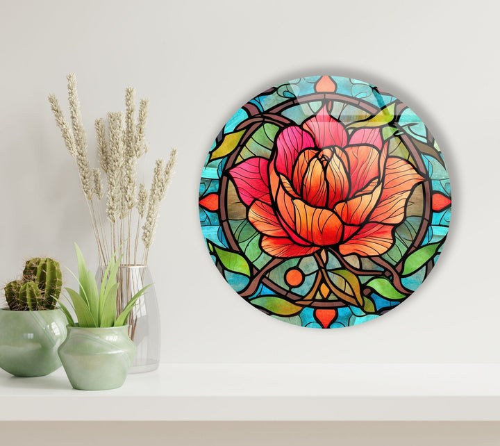 Stained Round Red Rose Glass Wall Art photo print on glass, prints on glass wall art
