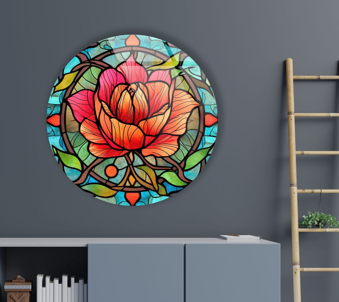 Stained Round Red Rose Glass Wall Art large glass photo prints, glass wall photos
