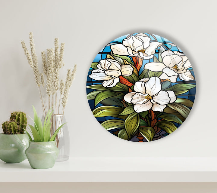 Stained Round White Flowers Glass Wall Art glass pictures for Wall, glass prints wall art
