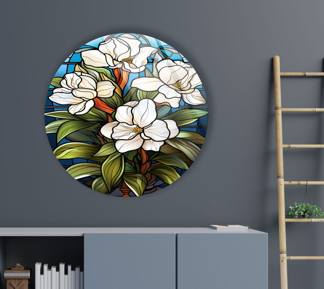 Stained Round White Flowers Glass Wall Art photo print on glass, prints on glass wall art
