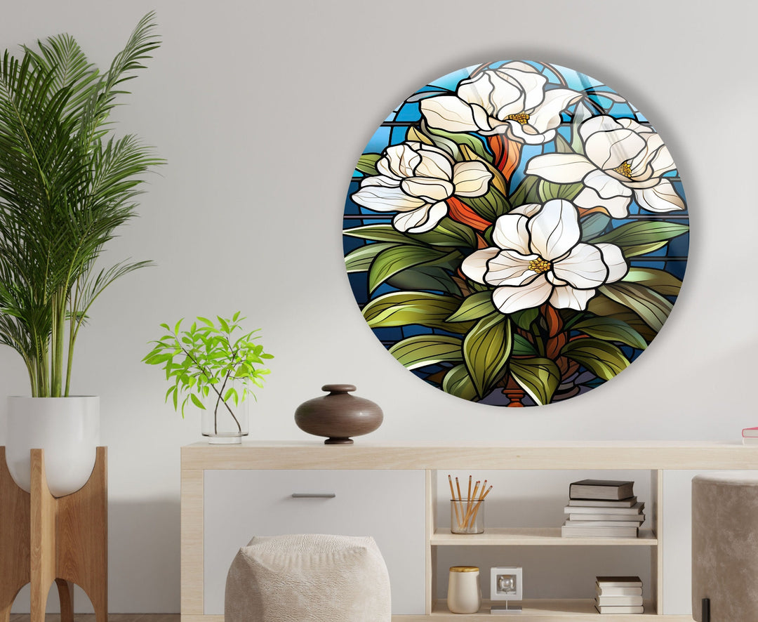 Stained Round White Flowers Glass Wall Art large glass photo prints, glass wall photos
