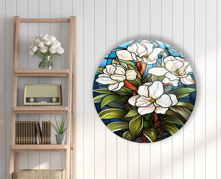 Stained Round White Flowers Glass Wall Art custom glass photo prints, large glass prints
