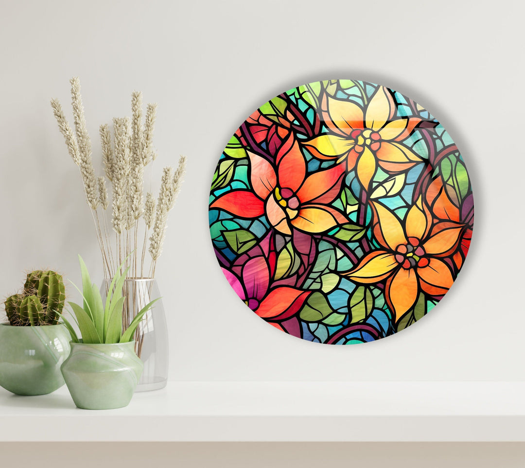 Stained Flower and Leaf Details Round Glass Wall Art glass art painting, glass art for the Wall
