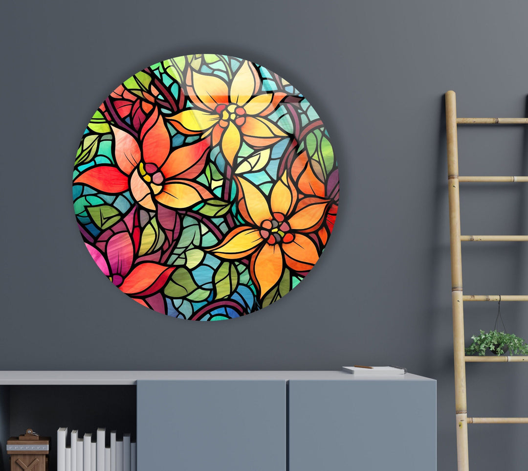 Stained Flower and Leaf Details Round Glass Wall Art art glass wall art, glass wall art pictures
