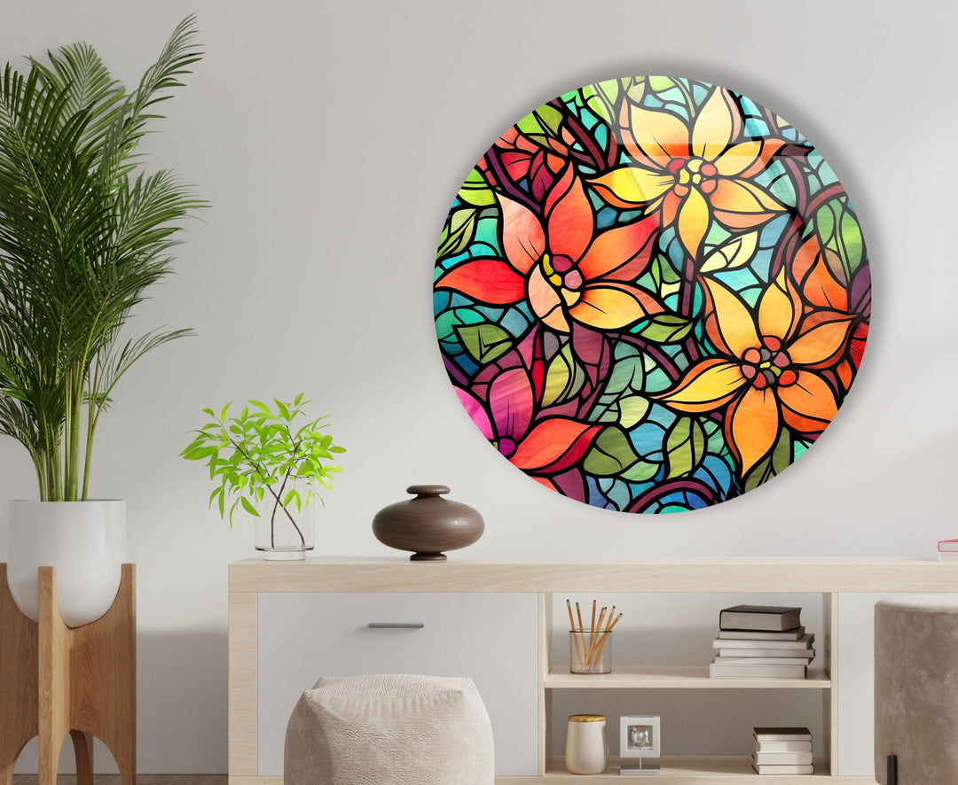 Stained Flower and Leaf Details Round Glass Wall Art Glass Printing Wall Art, Print photos on glass
