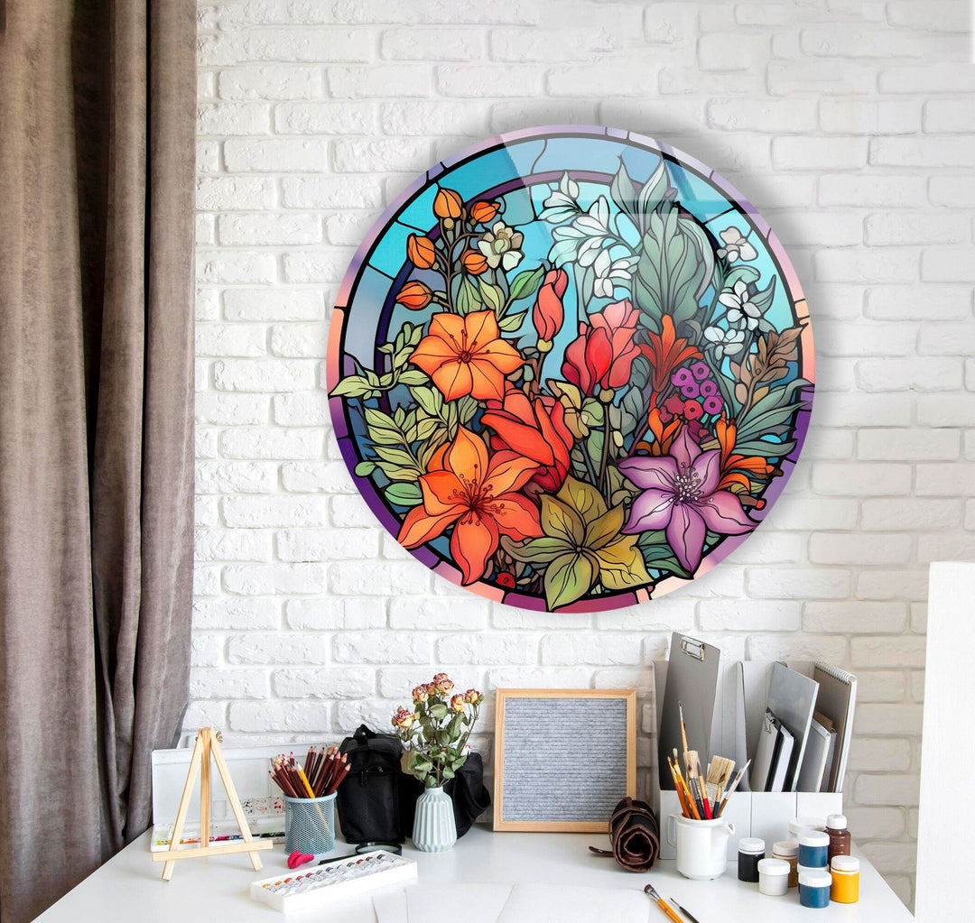 Colored Stained Flower Round Glass Wall Art glass art painting, glass art for the Wall
