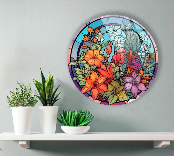 Colored Stained Flower Round Glass Wall Art Glass Printing Wall Art, Print photos on glass
