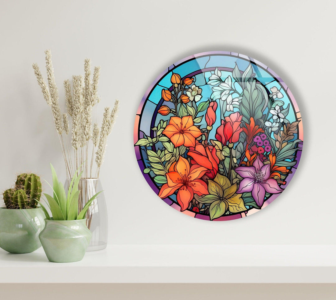 Colored Stained Flower Round Glass Wall Art glass photo prints, glass picture prints
