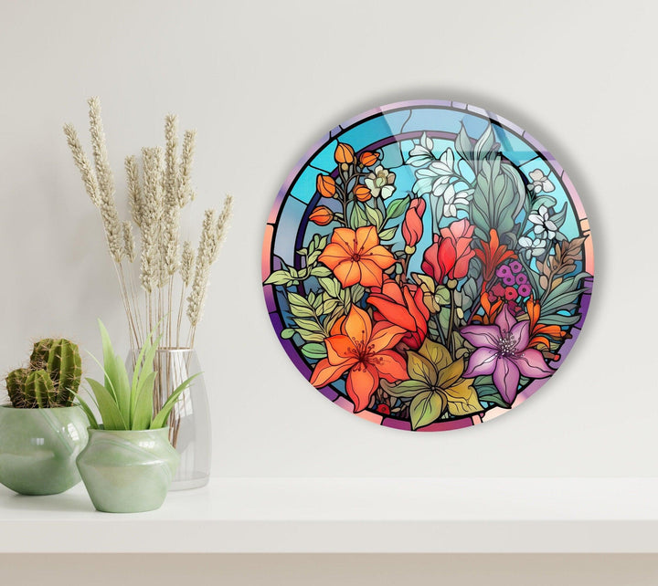 Colored Stained Flower Round Glass Wall Art glass photo prints, glass picture prints
