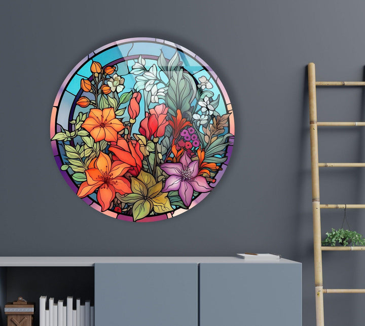 Colored Stained Flower Round Glass Wall Art glass pictures for Wall, glass prints wall art
