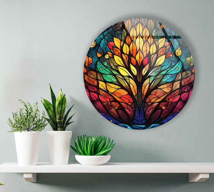 Tree Design Stained Round Glass Wall Art glass pictures for Wall, glass prints wall art
