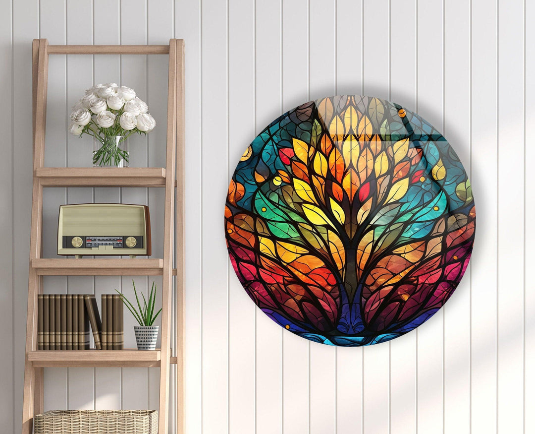 Tree Design Stained Round Glass Wall Art Glass Printing Wall Art, Print photos on glass