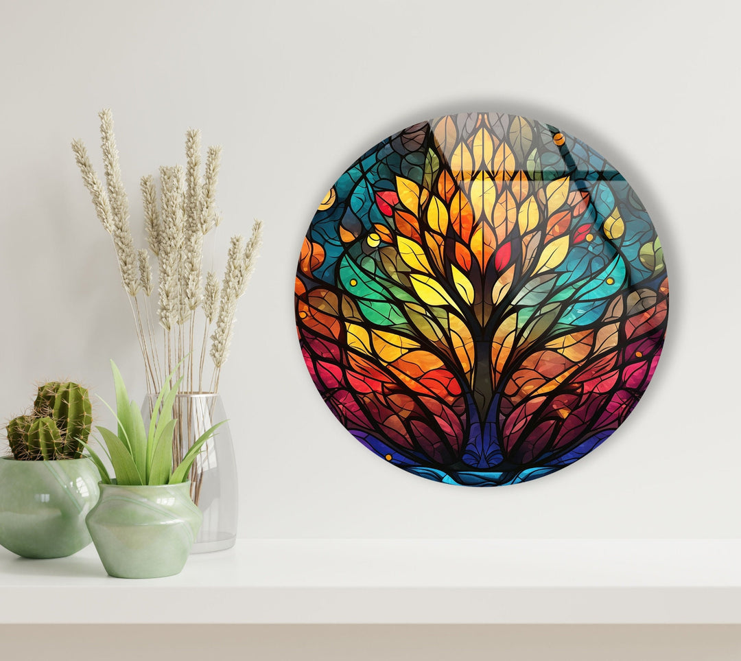 Tree Design Stained Round Glass Wall Art glass art painting, glass art for the Wall
