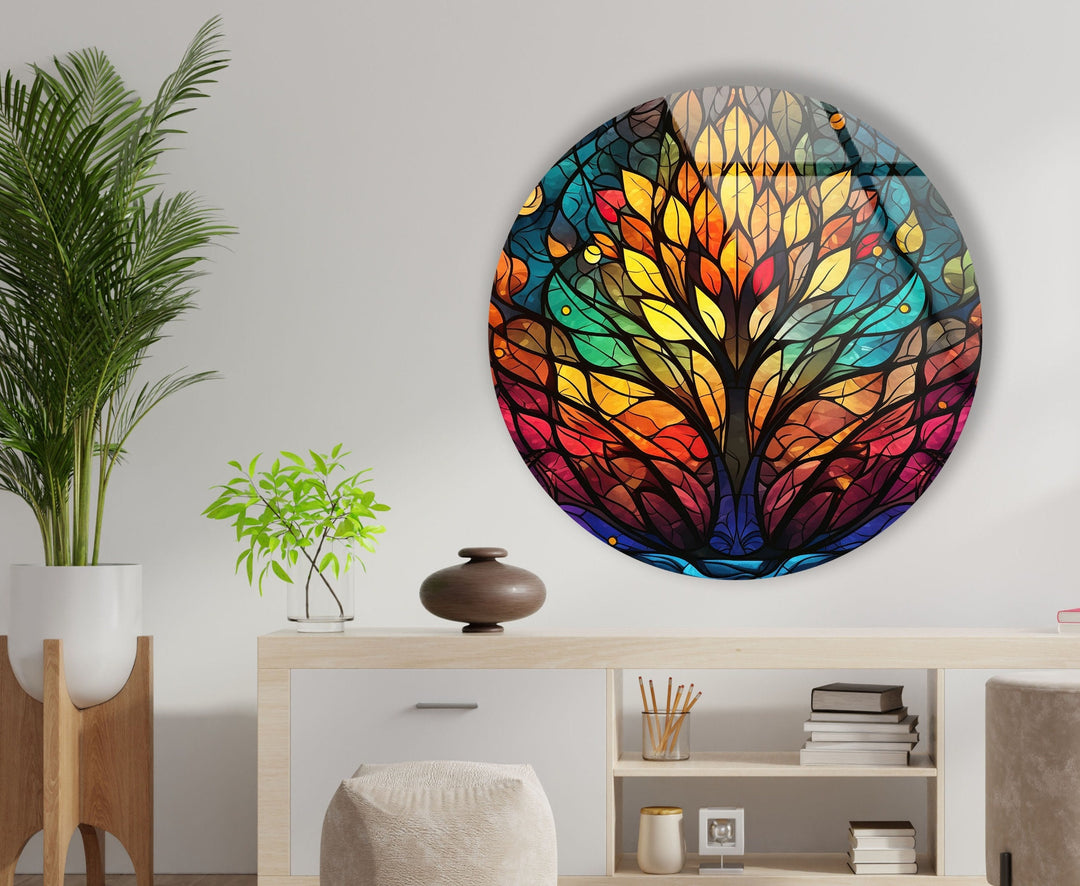 Tree Design Stained Round Glass Wall Art glass wall decor, glass wall art decor
