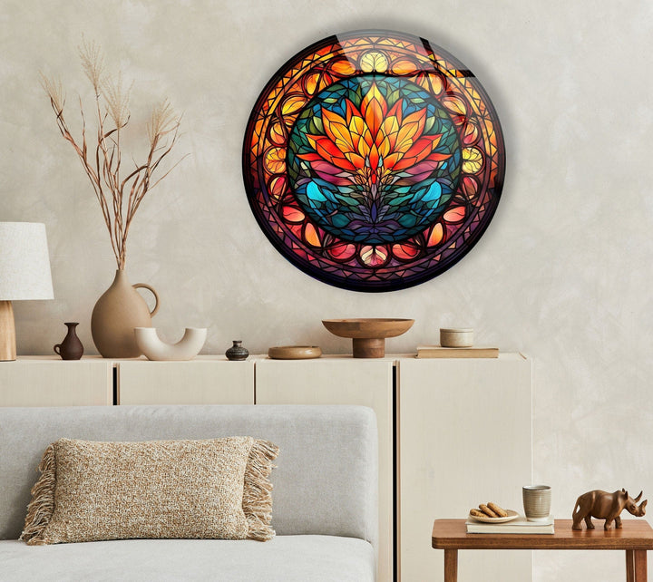 Stained Round Orange Lotus Glass Wall Art glass art painting, glass art for the Wall
