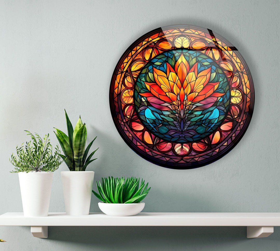 Stained Round Orange Lotus Glass Wall Art art glass wall art, glass wall art pictures
