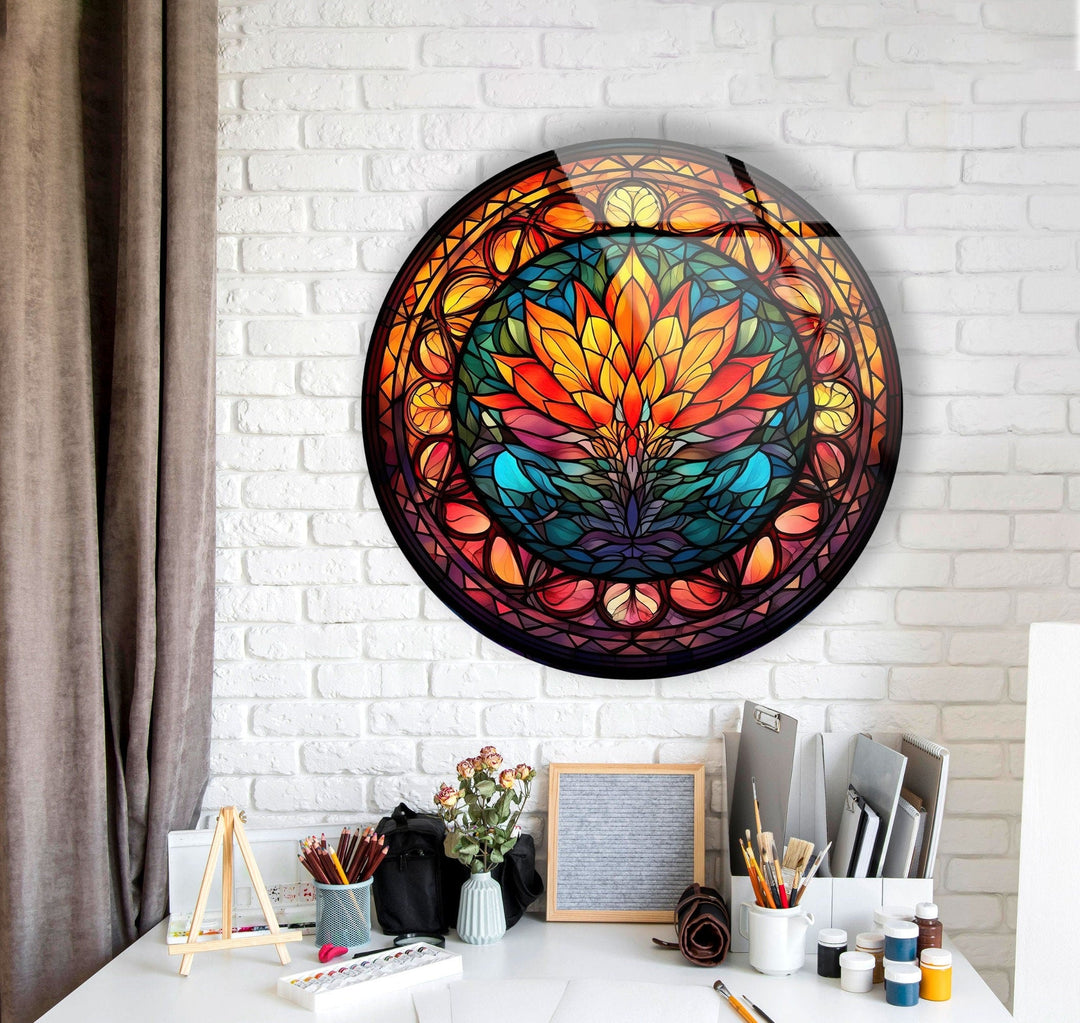 Stained Round Orange Lotus Glass Wall Art Glass Printing Wall Art, Print photos on glass
