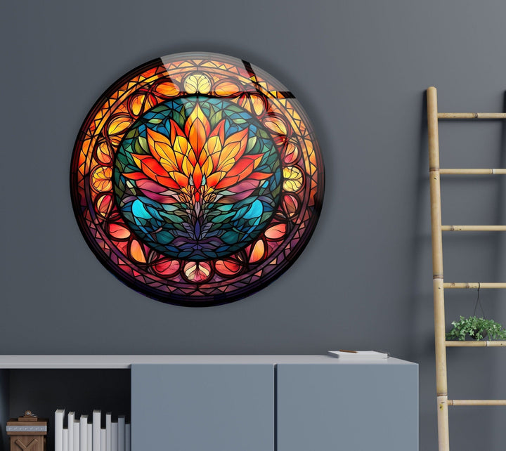 Stained Round Orange Lotus Glass Wall Art glass pictures for Wall, glass prints wall art
